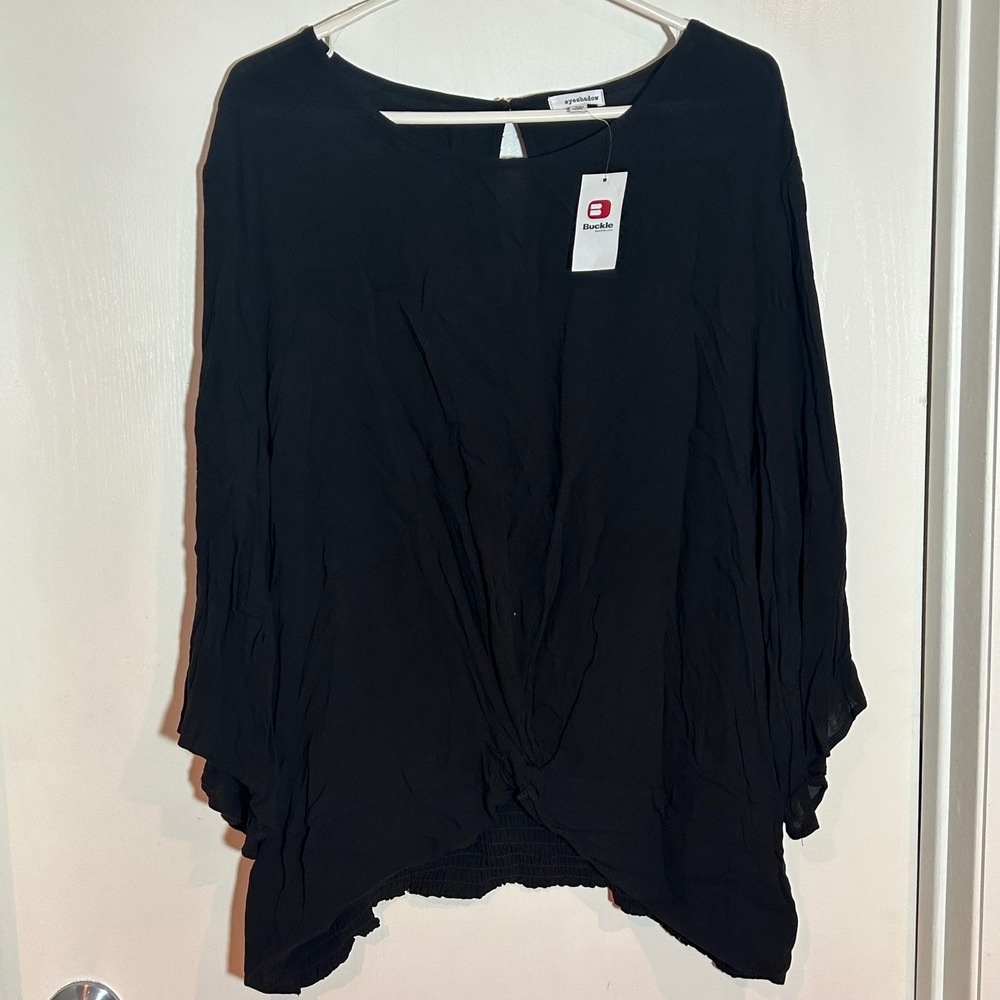 NWT Eyeshadow Black Twist Front Smocked Hem‎ Dolman Sleeve Top Plus Size 3X